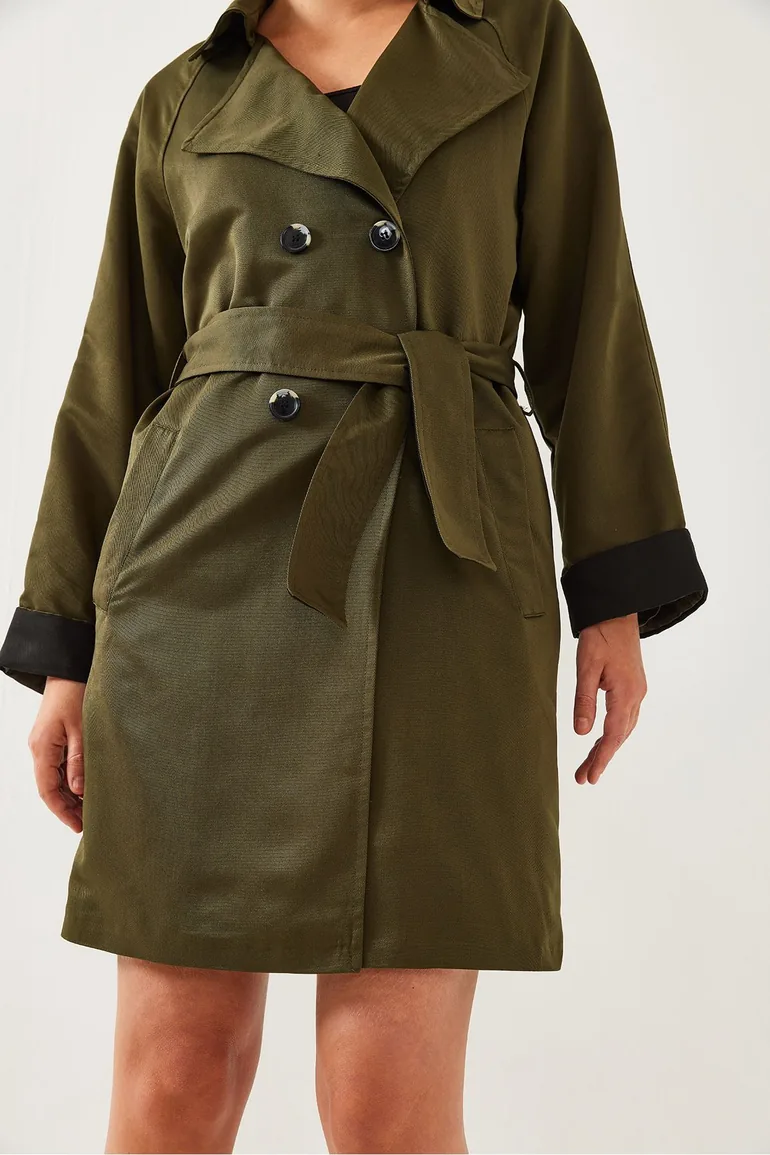 Women's Sleeve Garni Detail Belted Trench Coat - 5