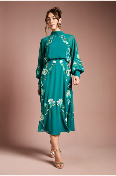 High Neck Long Sleeve Floral Embroidered Midi Dress