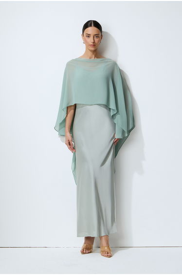 Whisper of Glamour Green Sheer Cape & Satin Maxi Dress Set