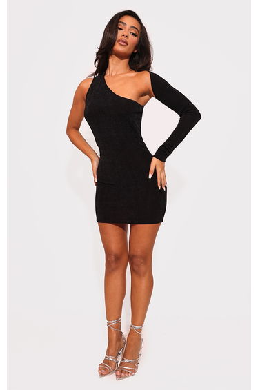Petite Black Acetate Slinky One Shoulder Cut Out Bodycon Dress