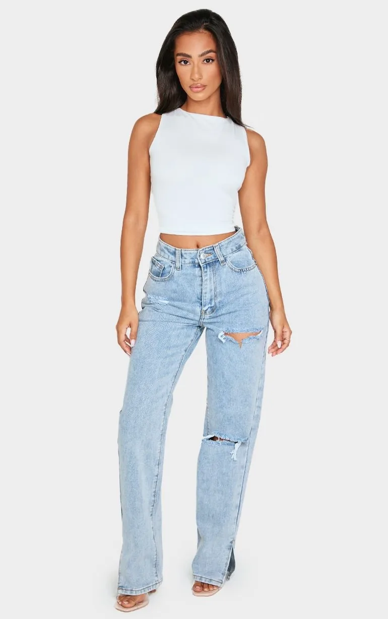 Petite Bleach Wash Distressed Split Hem Jeans - 4