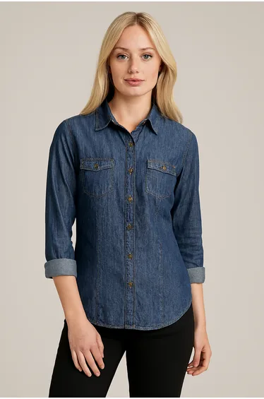 Premier Womens/Ladies Jeans Stitch Long Sleeve Denim Shirt - Indigo Denim