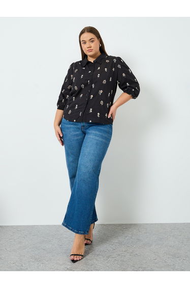 Plus Size Floral Embroidered Cotton Shirt