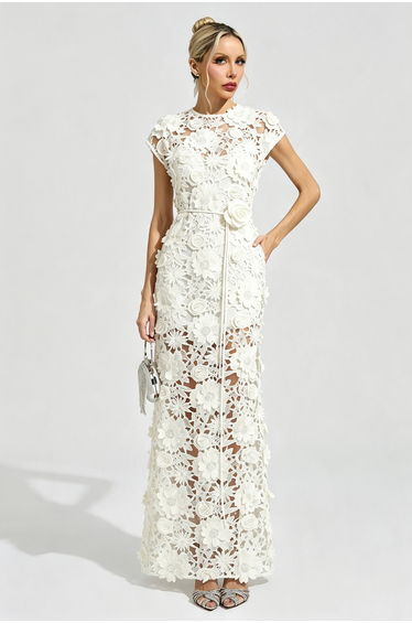 Aubrielle White Cutwork Lace Maxi Dress