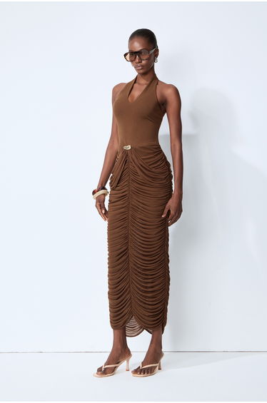 Compliment Me Brown Deep V Neck Ruched Maxi Dress