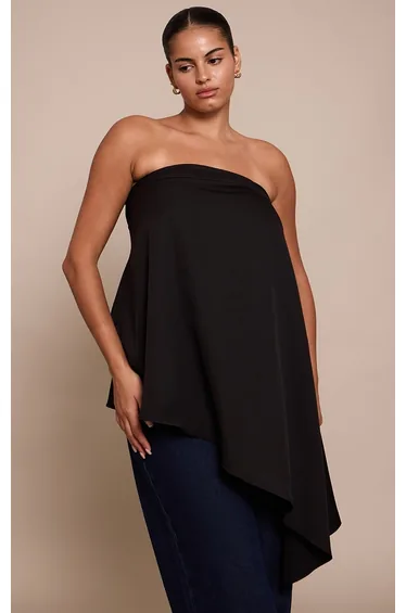Plus Black Woven Bandeau Asymmetric Hem Floaty Long Top
