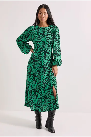 Petite Green Animal Empire Seam Split Detail Printed Midi Dress