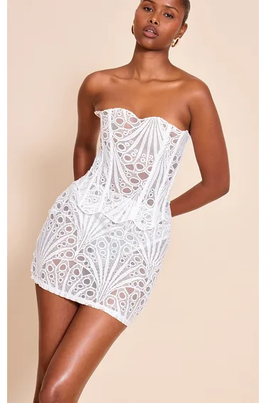 White Textured Floral Lace Mini Skirt