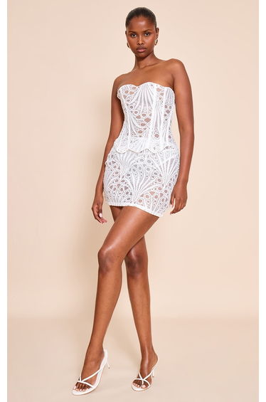 White Textured Floral Lace Mini Skirt