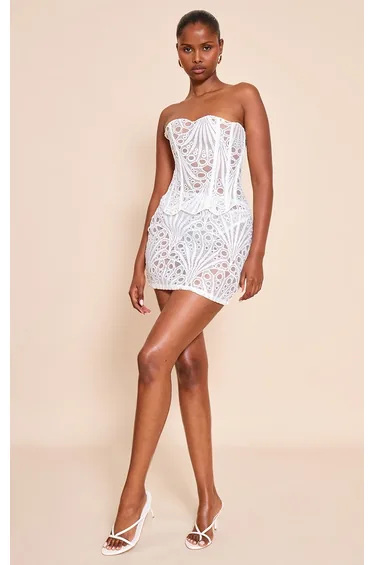 White Textured Floral Lace Mini Skirt