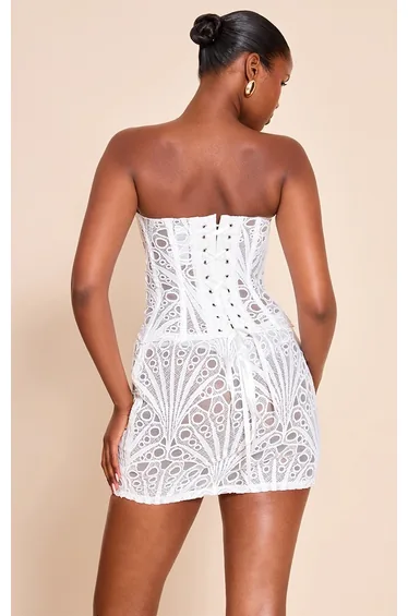 White Textured Floral Lace Mini Skirt