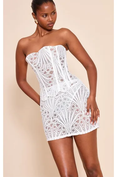 White Textured Floral Lace Mini Skirt