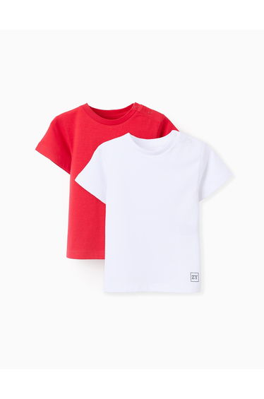 Pack of 2 Plain Cotton T-shirts for Baby Boys, White/Red