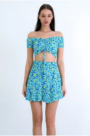 Women's Blue Gathered Front Crop Blouse and Mini Skirt Set