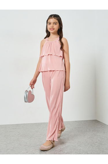 Teen Girls Plisse Layered Top and Pants Set