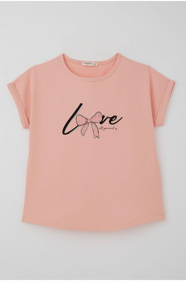 Girls' T-Shirt with Love Theme Text Print, Glittery Salmon