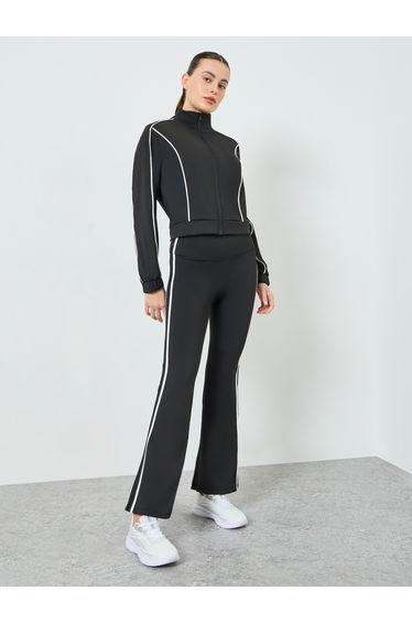 Women Black Contour Piping Full Zip Jacket and and Flared Pants Set