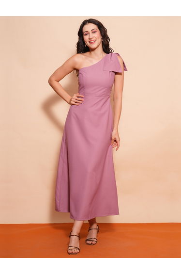 Women Pink Solid One Shoulder A-Line Maxi Dress with Bow Detail