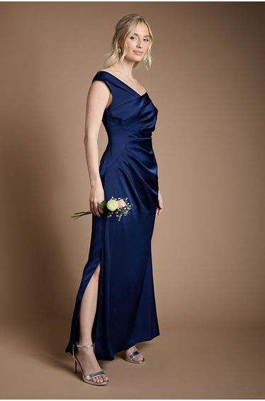 Satin Bardot Bridesmaid Maxi Dress with Waist Ruching Detail