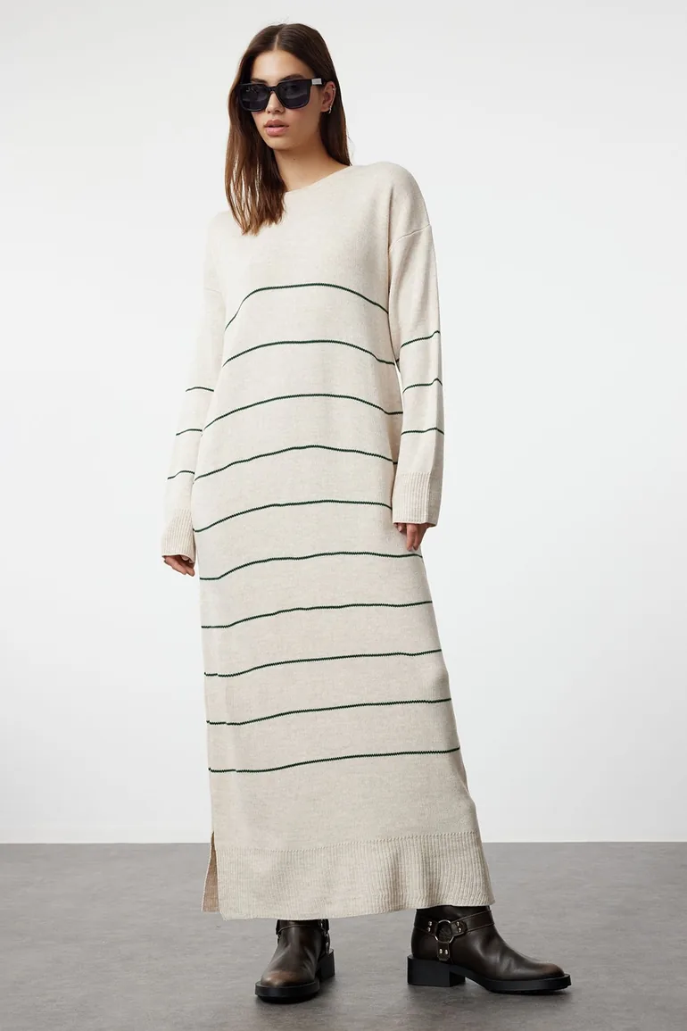 Shop Stone Green Striped Long Knitwear Dress Online in Oman