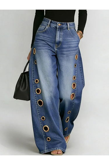 High Waisted Loose Buttoned Geometric Hollow Pockets Split-Joint Jean Pants Bottoms product thumbnail 2