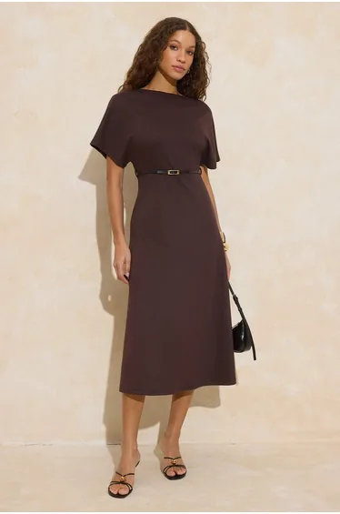 Brown A-Line/Column Boat Neck Short Sleeve Belted Midi Interlock Knitted Dress