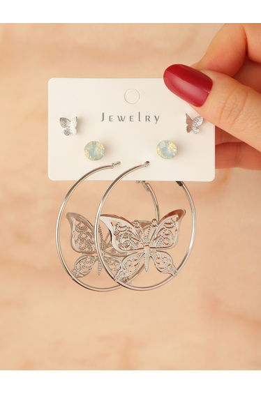 Set of 3 - Butterfly Hoop and Stud Earrings