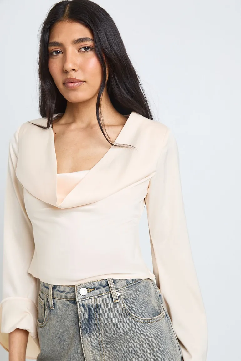 Tall Long Sleeve Satin Cowl Neck Top - oyster - 3