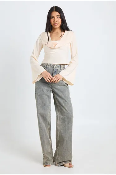 Tall Long Sleeve Satin Cowl Neck Top - oyster