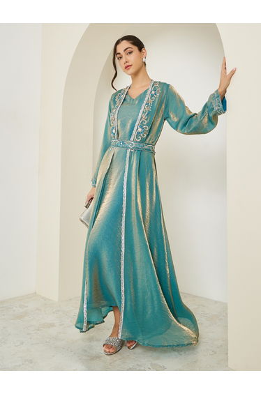 Green Embellished Kimono and Maxi Dress Modest Set