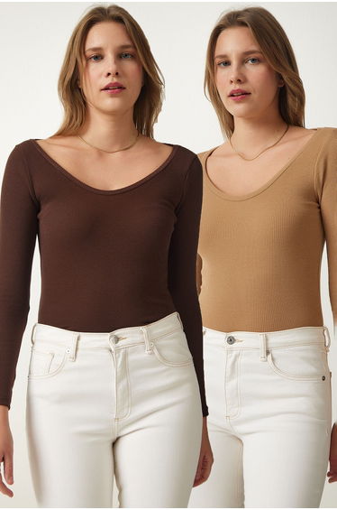 Women's Dark Brown Biscuit V Neck 2-Pack Knitted Blouse