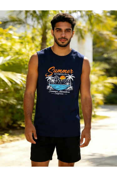 Men Dark Blue Graphic Print Round Neck Tank and Shorts Co-Ords