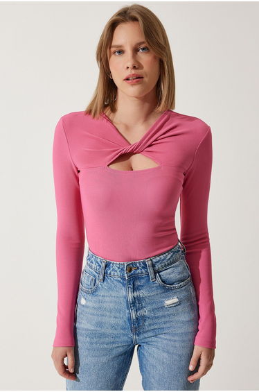 Women's Pink Cut Out Detailed Ribbed Knitted Blouse