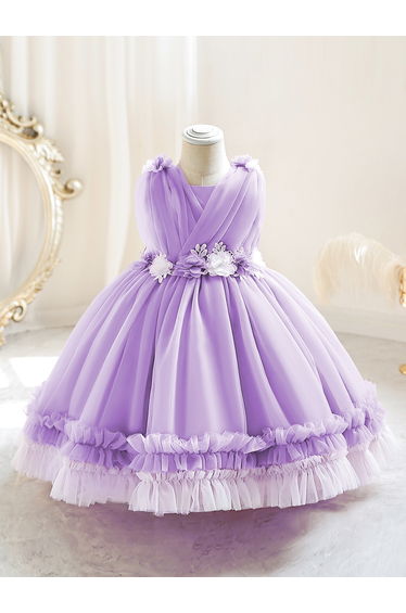 Girls Ruffle Hem Floral Detail Bow Party Dress