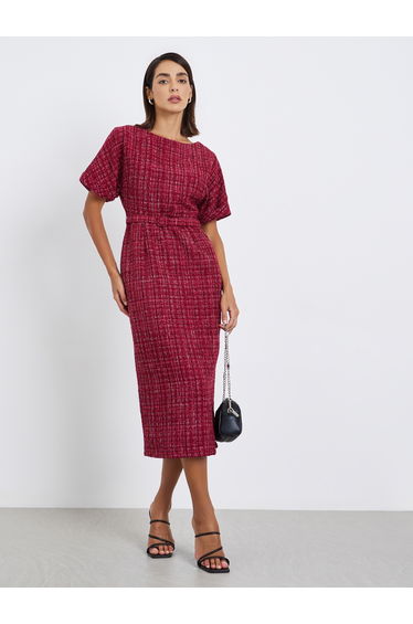 Women Belted Tweed Sheath Midi Dress