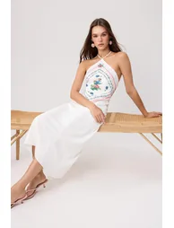 Ecru Floral Shawl Satin Midi Woven Dress - 1