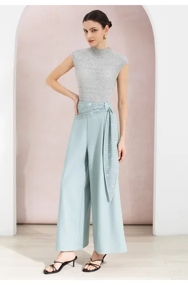 Rhinestoned Sash Front Pleat Palazzo Pants in Mint for Parties & Special Dinners