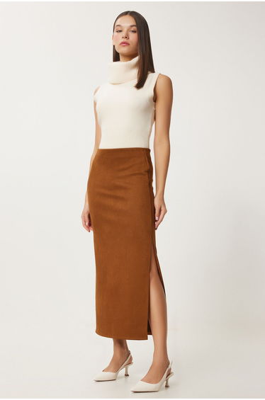 Women's Tan Slit Long Suede Skirt