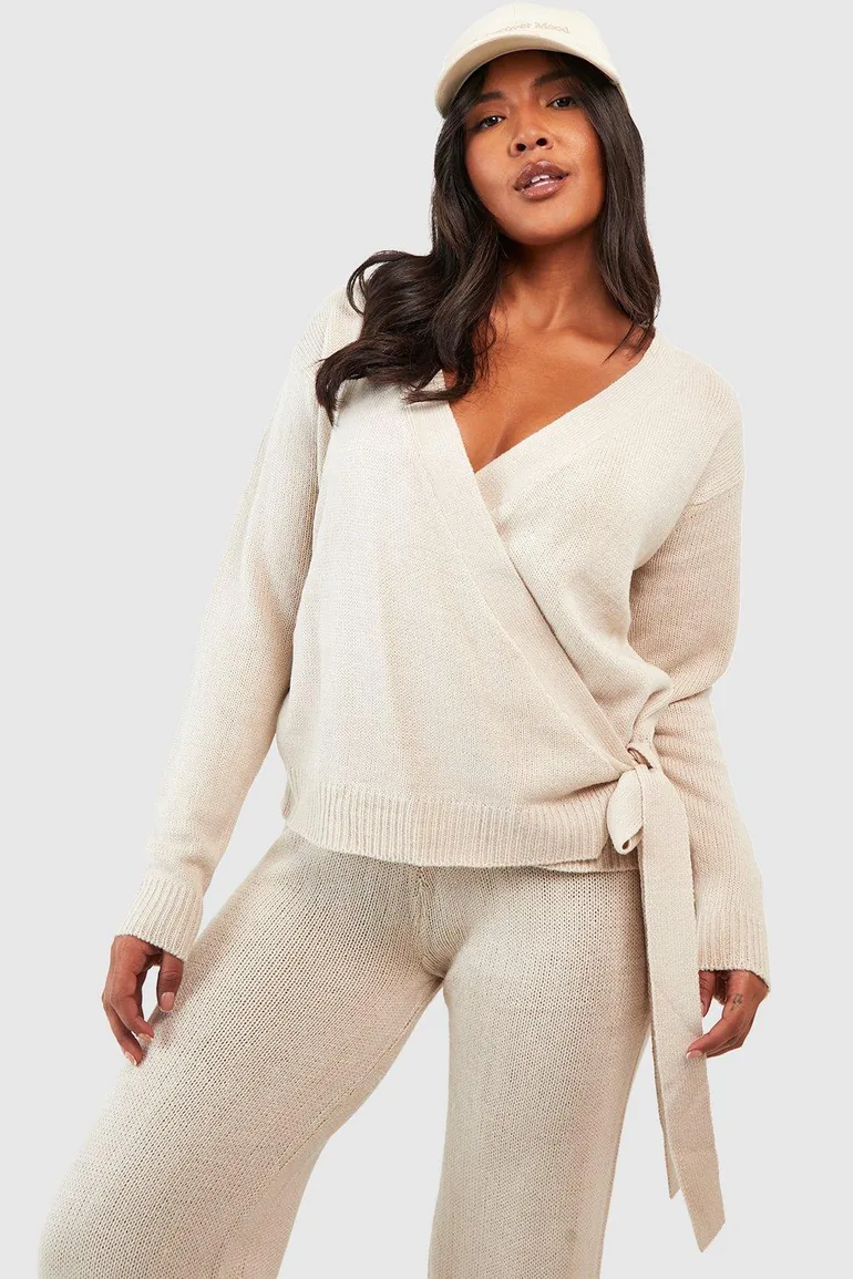 Plus Wrap Tie Side Jumper And Trouser Co-ord - stone - 3