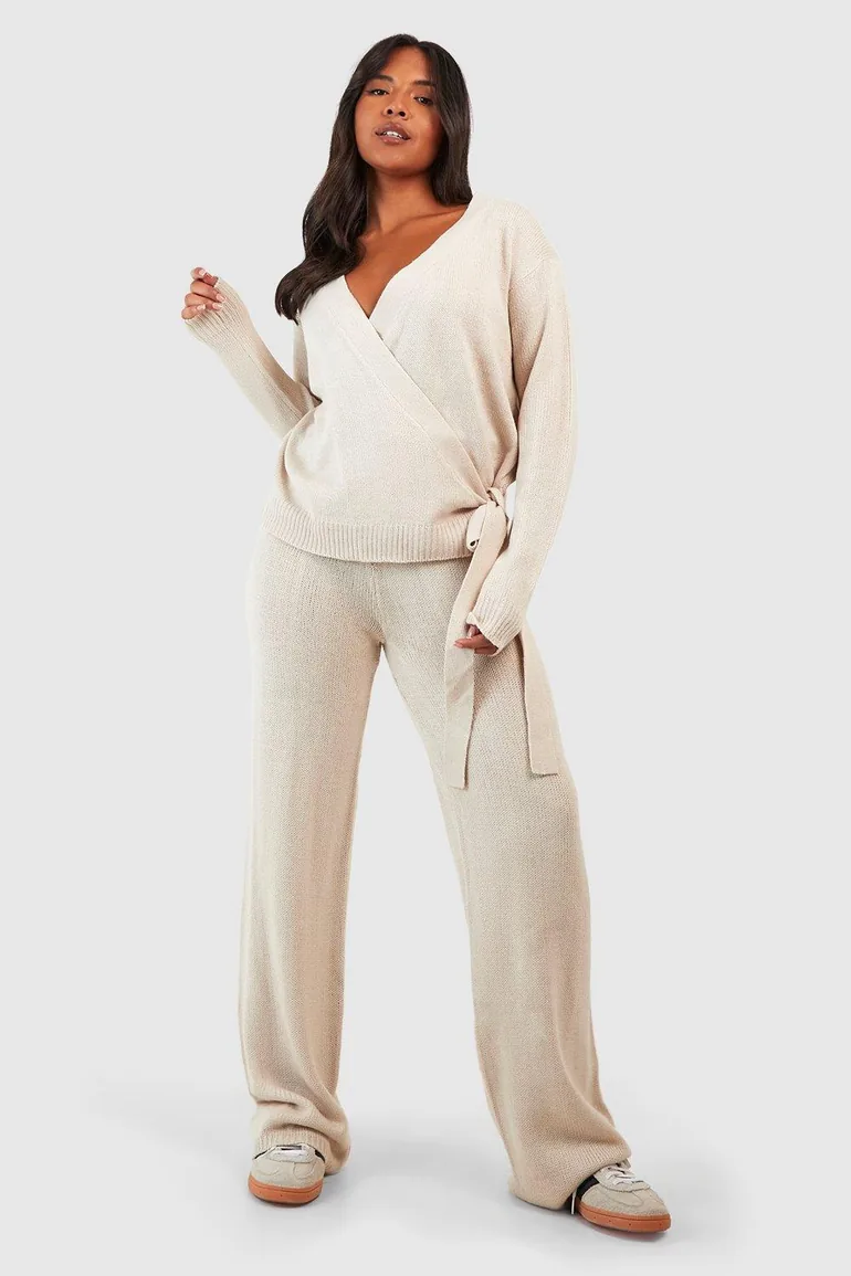 Plus Wrap Tie Side Jumper And Trouser Co-ord - stone - 2