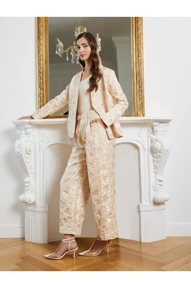 Women Beige Jacquard Wide Leg Trousers