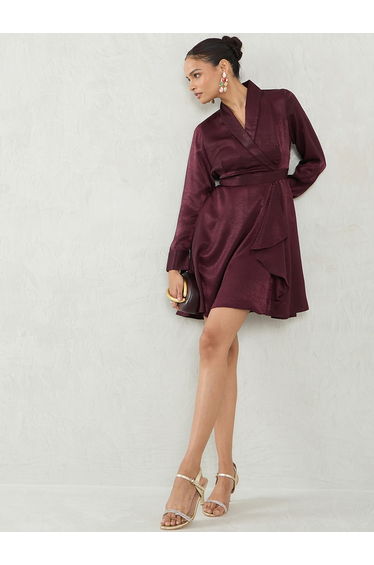 Wine Satin Wrap Mini Dress