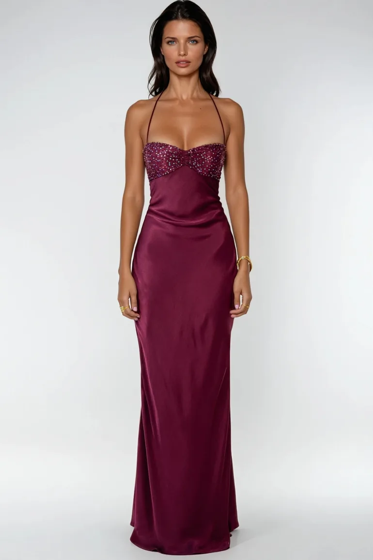 Davlat Halter Neck Sequin Satin Maxi Dress In Purple