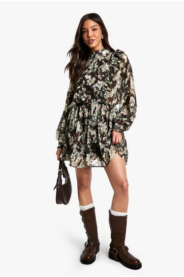 Floral Print Chiffon Long Sleeve Mini Dress - floral