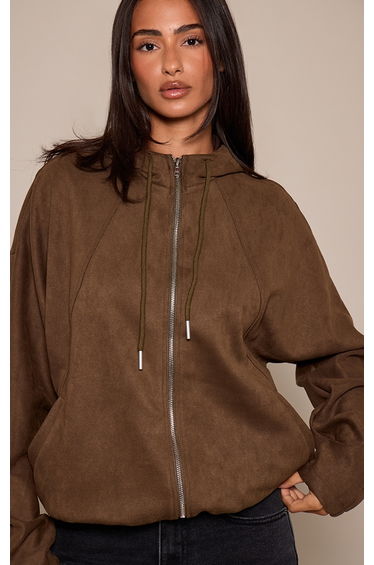 Petite Khaki Suede Hooded Zip Up Bomber Jacket