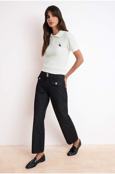 Ecru Horse Embroidered Polo Collar Hair Knit Blouse