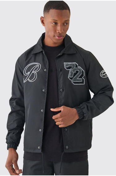 Varsity Badge Collared Coach Jacket - black