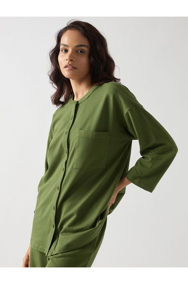 Green Cotton Knit Long Sleeve Shirt