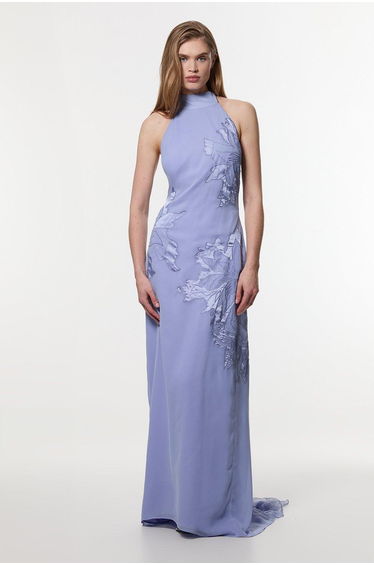 Applique And Lace Georgette Woven Halter Maxi Dress