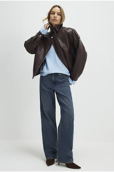 Brown Faux Leather Funnel Neck Jacket
